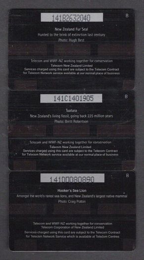 1993 New Zealand 5, 10 and 20 World Wide Fund For Nature. Fur Seal, Tuatara and Hooker's Sea Lion (GPT - Magnetic) Phone Card