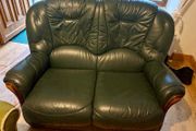 Green Leather Two-Seater Sofa &amp; Matching Armchair