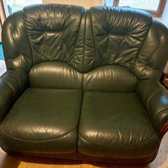 Green Leather Two-Seater Sofa & Matching Armchair