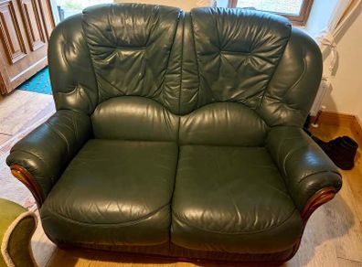 Green Leather Two-Seater Sofa & Matching Armchair