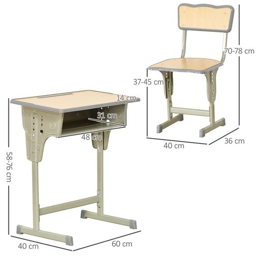 Vintage school-desk style children's desk & chair set - adjustable - storage compartment, bag bracket, pen holder - khaki steel, MDF light wood effect