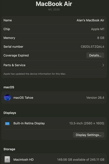 MacBook Air M1 8Gb 256 Gb Space Grey