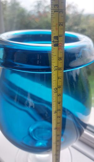 Stunning Vintage Oversized Hand-Blown Glass Brandy Balloon Vase With a Turnover Rim, In a Fantastic Petrol Blue with a Clear Stem and Foot, Perfect as a Hurricane-Style Candle Holder