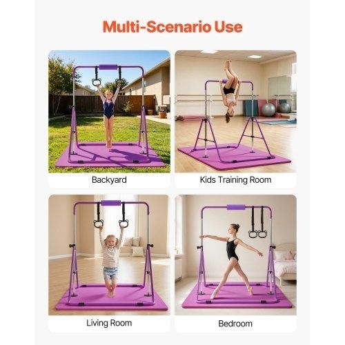 Gymnastic Bars for Kids, 63.5 kg Capacity Folding Training Kip Bar with Mat, Adjustable Height Gymnastic Horizontal Bar for Home, Training Equipment for Indoor Outdoor, Easy to Assemble, Purple