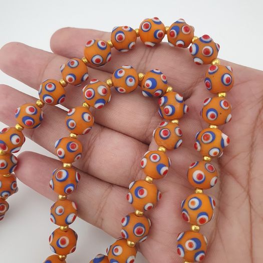 Antique Venetian Style Skunk Eyes Orange Glass Beads Necklace