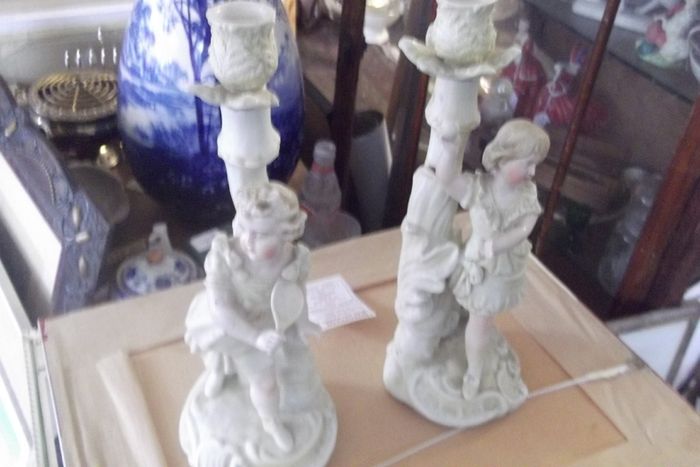 2 antique candle holder  figurine of tennis players date 1890