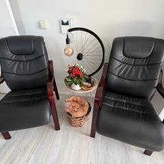 Pair of Black Leather Office / Visitor Armchairs with Mahogany Wooden Arms