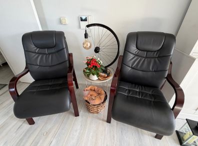 Pair of Black Leather Office / Visitor Armchairs with Mahogany Wooden Arms