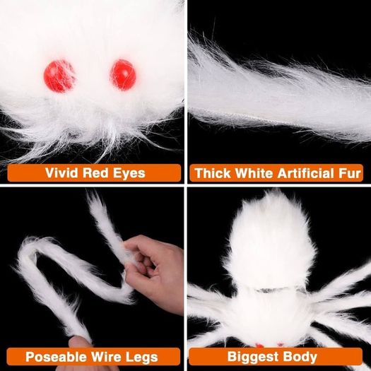 Halloween White Giant Spider, 150cm Hairy Spiders Halloween Realistic Large Fake Hairy Spider Props for Halloween Indoor Outdoor Decorations