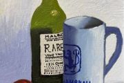 Still life complex Wine bottle with the cup and the plum scene