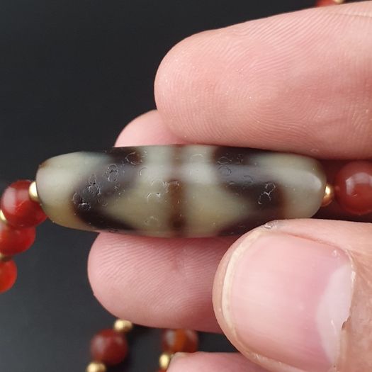 Antique Zigzag Tibetan Agate Pendant With Carnelian Beads Necklace