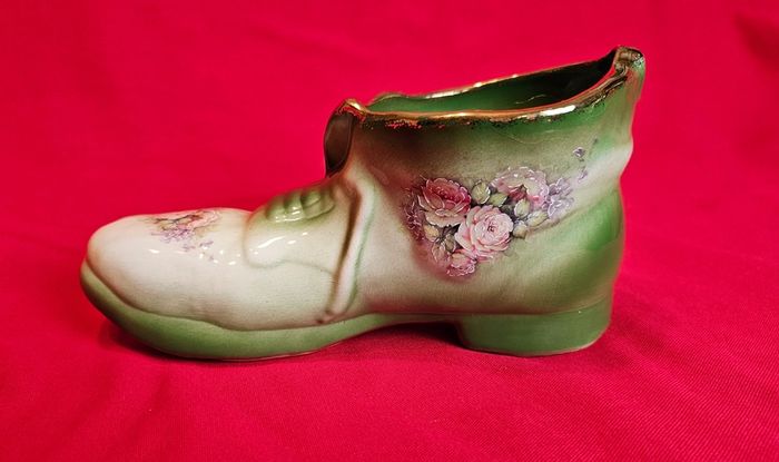 Staffordshire Style Porcelain Boot Vase - Green with Roses ,  Decor or Cactus Planter