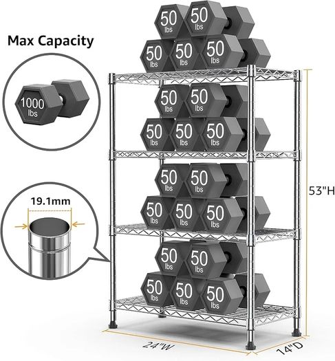 Height Adjustable Shelves,Heavy Duty Wire Pantry Shelving for Tool Sheds, Garage, and Storehouse,Metal,Chrome 4 tier,35 x 60 x 135.8 cm