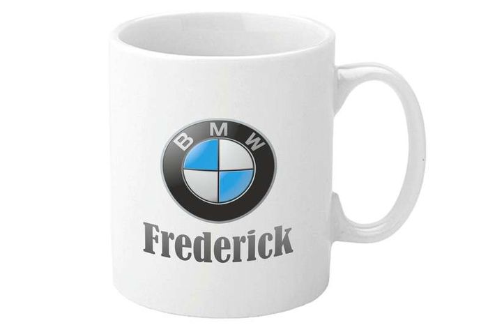 BMW Personalised Mug. Unique Customised Present. White Ceramic Cup with Full Colour Printed Logo & Name. Gift Boxed. Bimmer Mug. Beamer Mug.