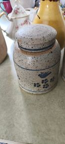 Early Nicholas Mosse Irish Stoneware Crock / Canister Blue Bird Motif With Lid But The Lid Cracked And Fixed 6 Inches Tall.