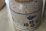 Early Nicholas Mosse Irish Stoneware Crock / Canister Blue Bird Motif With Lid But The Lid Cracked And Fixed 6 Inches Tall.