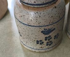 Early Nicholas Mosse Irish Stoneware Crock / Canister Blue Bird Motif With Lid But The Lid Cracked And Fixed 6 Inches Tall.