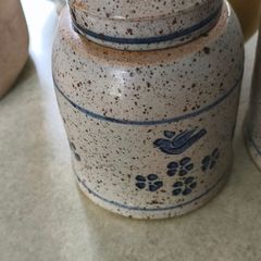 Early Nicholas Mosse Irish Stoneware Crock / Canister Blue Bird Motif With Lid But The Lid Cracked And Fixed 6 Inches Tall.