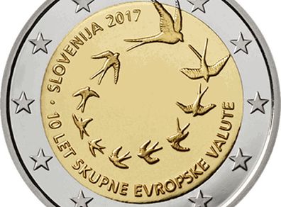 Slovenia 2 Euro Commemorative Coin 2017 - 10th Anniversary of the Introduction of the Euro in Slovenia. UNCIRCULATED.