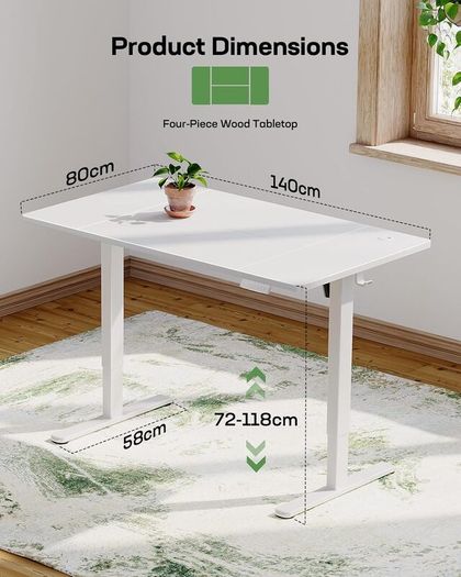 Electric Standing Desk with USB-A Charging Port 140 x 80 cm Height Adjustable Sit Stand 4 Custom Settings 80kg Max Load Stable Lifting Storage Hooks and Cable Management
