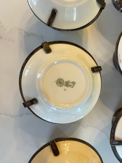 6 Christopher Dresser Antique Silver Plated & Royal Doulton Integrated Egg Cups