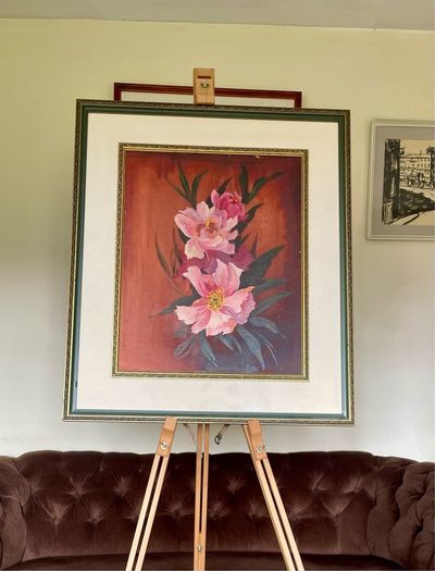 Vintage Peonies Floral Original Acrylic Painting In Ornate Frame
