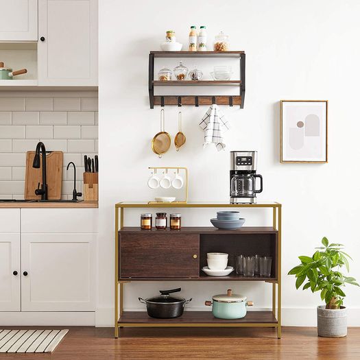 Sideboard Kitchen Cabinet Storage Cabinet with Sliding Door Tempered Glass Side Table Open Compartment Industrial Design for Dining Living Room Chocolate Brown Matt Gold