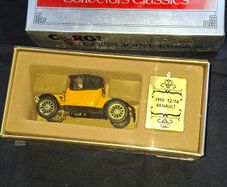 Corgi Collectors Classics 1910 Renault 12/16 scale model car. The set features a 1:43 scale diecast model in a yellow and black color scheme. It comes in its original box with a decorative colored plaque