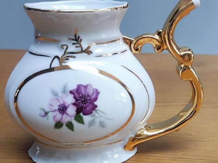 Vintage Karlovy Porcelain Mineral Water Sipping Straw Handle Cup Purple Flowers