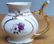 Vintage Karlovy Porcelain Mineral Water Sipping Straw Handle Cup Purple Flowers