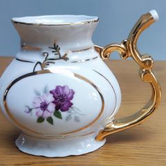 Vintage Karlovy Porcelain Mineral Water Sipping Straw Handle Cup Purple Flowers