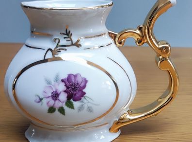 Vintage Karlovy Porcelain Mineral Water Sipping Straw Handle Cup Purple Flowers