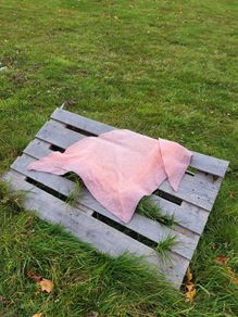 Handmade crochet triangle wool shawl wrap. Pastel pink gradient ombre shawl