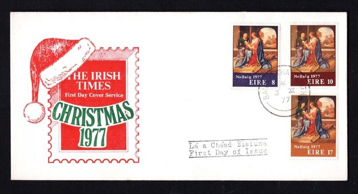1977 Ireland Christmas "The Holy Family" by Giorgione Commemorative Stamp Illustrated The Irish Times First Day Cover (FDC)