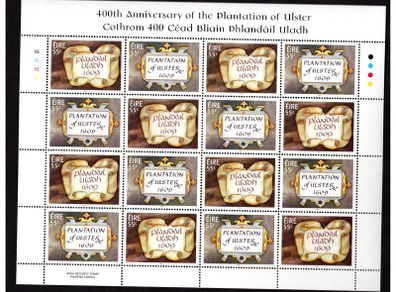 2009 Ireland 400th Anniversary of the Plantation of Ulster Commemorative Stamp Sheetlet Plate 1B1B1B1B Mint Never Hinged (MNH)