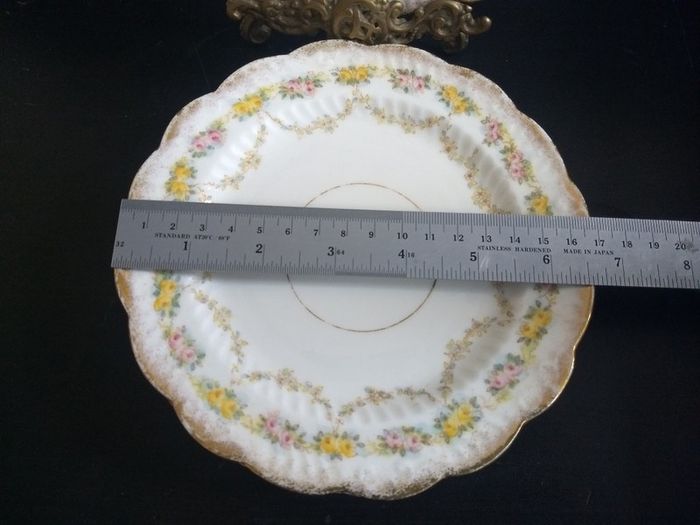 Lovely Set of Six Vintage Shabby Chic Floral Tea Plates and Matching Cake Plate by Rose China AD1820, Manchester,  in Delicate Floral Swags Pattern with Yellow and Pink Roses