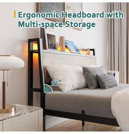 Double Bed Frame 135 x 190 cm with Wooden Storage Headboard, Black Charging Station, LED Lights, Heavy Duty Metal Slats, Under Bed Storage,No Box Spring Needed,Easy Assembly