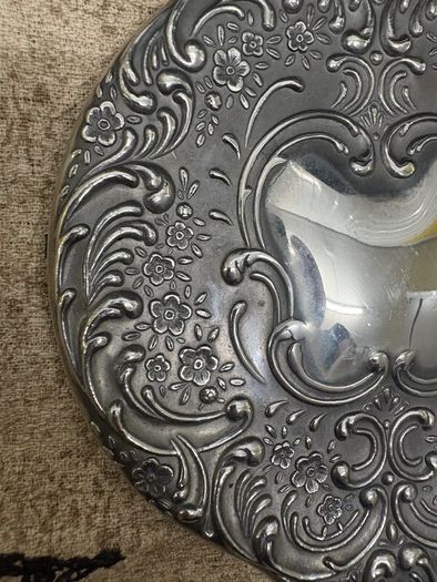 Vintage Ornate Silver-Tone Hand Mirror Floral Embossed Design.