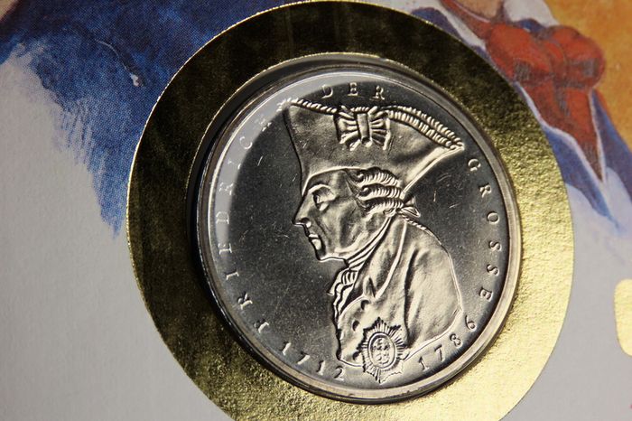 Frederick the Great 5 Deutsche Mark coin in stamp cover