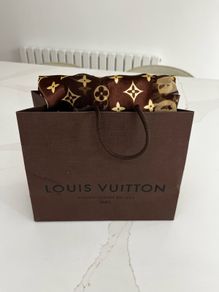 Monogram inspired sheer scarf brown and beige
