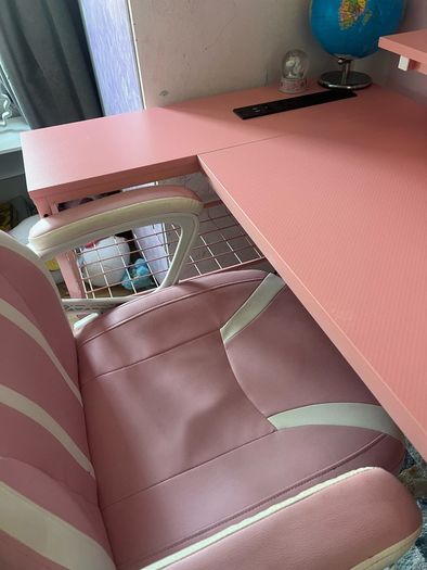 L Shaped Desk with Power Outlets & LED Lights & Pink Gaming Chair for Girls