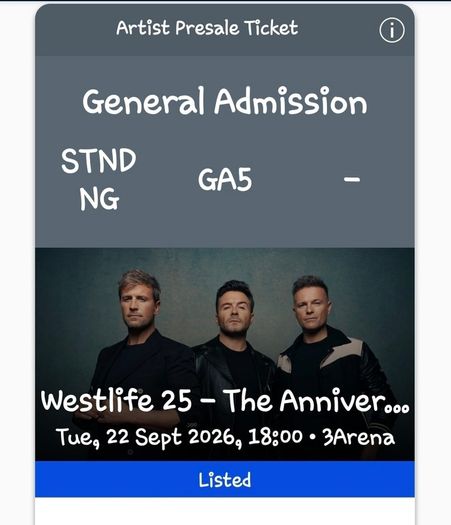 Westlife ticket 22nd September