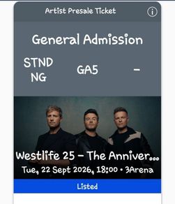 Westlife ticket 22nd September