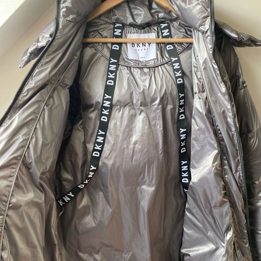 DKNY Sport Metallic Silver Longline Down Puffer Jacket Coat