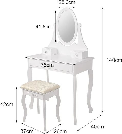 ML-Design Dressing Table White Dressing Table with Mirror, Stool and 3 Drawers, 75 x 140 x 40 cm, Country House Style, Cosmetic Table for Women and Girls, Dressing Table Made of MDF Wood, Chest of