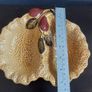 Delightful Two Sectioned Dish with the Texture of a Cabbage Leaves with a Leaf and Pear Decoration and Finial, By Crown Devon, Circa 1940, Funky MCM Chic Image 6