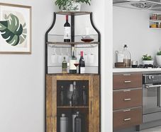 4-Tier Corner Bar Cabinet, Industrial Freestanding Wine Storage Sideboard with Doors and Glass Holders, Adjustable Shelf & Anti-Tipping Devices, for Home Bar, Kitchen, Living Room, Rustic Brown