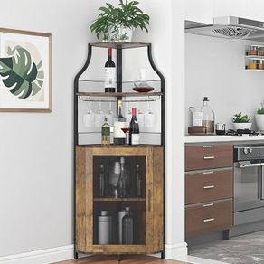 4-Tier Corner Bar Cabinet, Industrial Freestanding Wine Storage Sideboard with Doors and Glass Holders, Adjustable Shelf & Anti-Tipping Devices, for Home Bar, Kitchen, Living Room, Rustic Brown