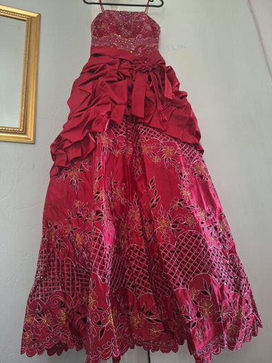 red floor length dress