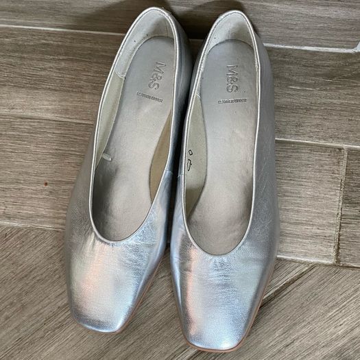 M&S Leather Square Toe Ballet Pumps Silver Metallic  Size 5.5